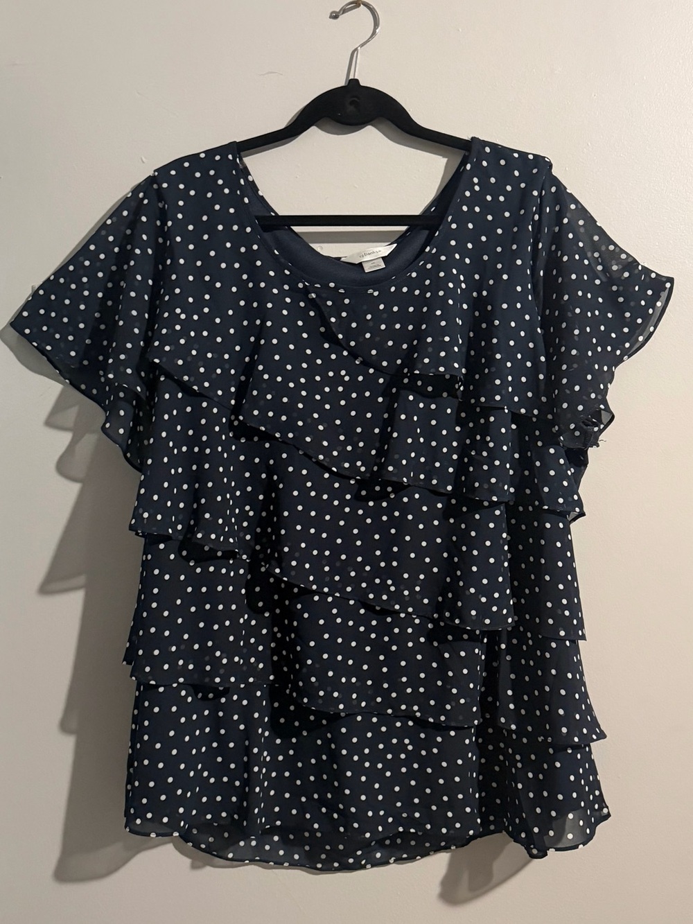 CJ Banks 3X Navy Blue White Polka Dot Tiered Ruffle Blouse Sheer Lined Top.